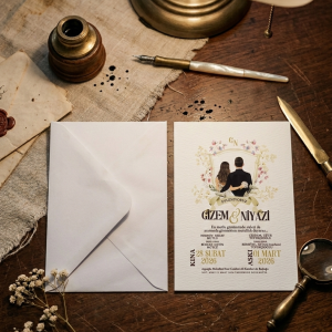 Gelin Damat Detaylı Beyaz Zarflı Davetiye